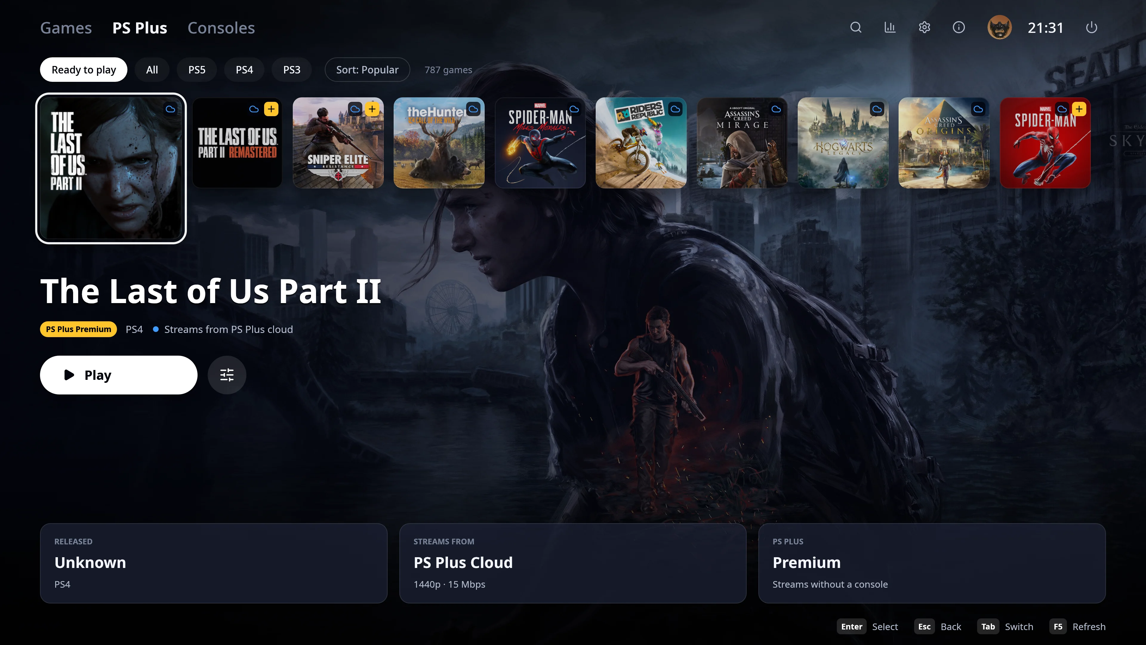 The PS Plus tab: The Last of Us Part II focused, streaming from the PS Plus cloud